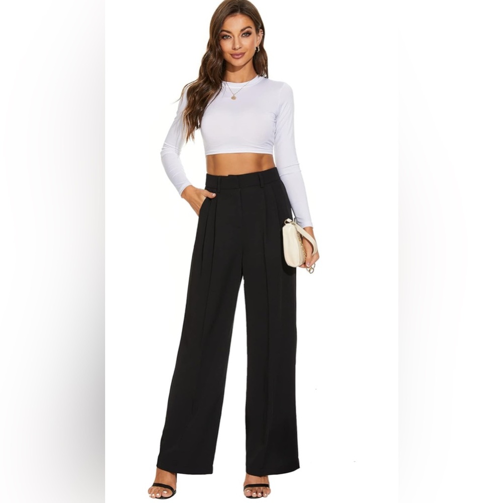 Women Wide Leg High Waist Pants Back Elastic Waist Pleated Front Trousers
